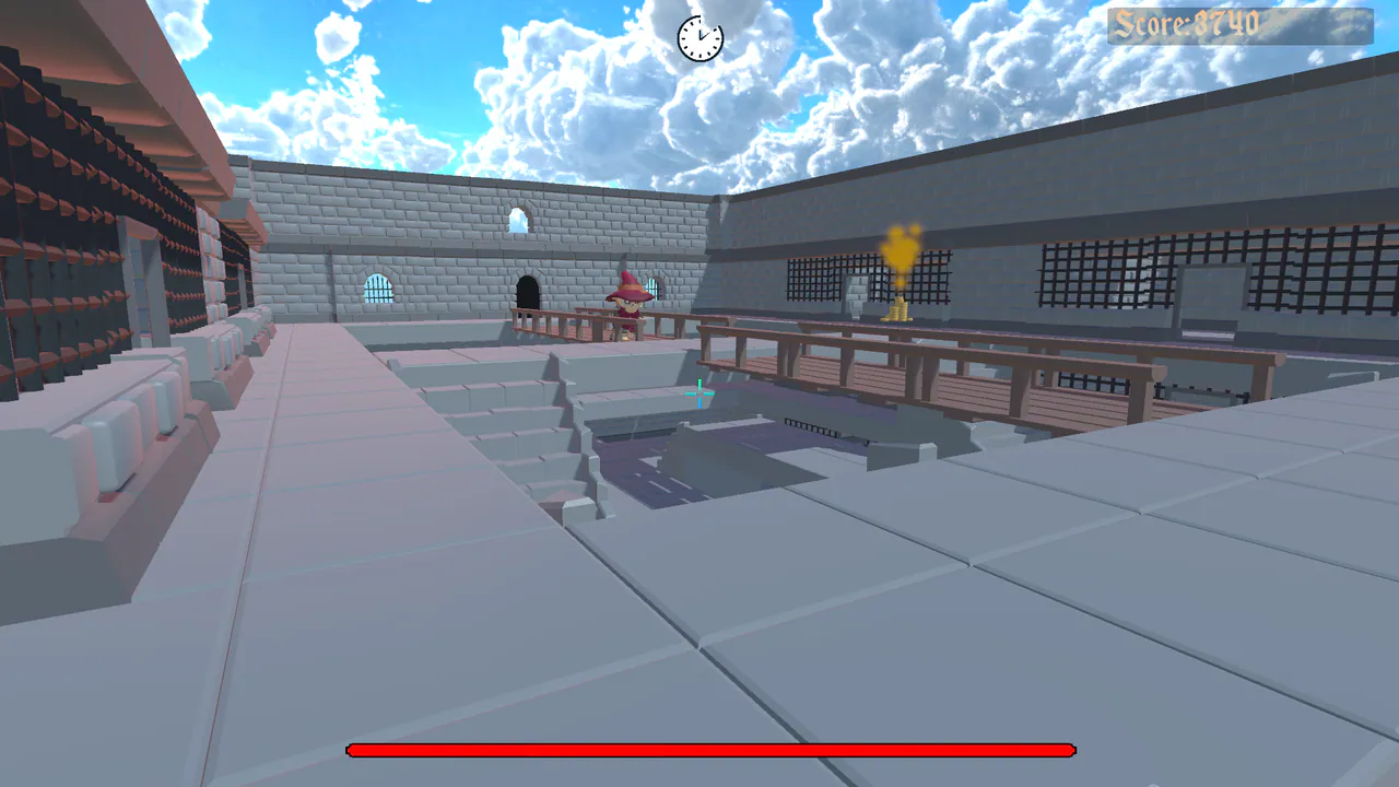 Dungeon Wipe gameplay in a custom dungeon with enemies, hazards, score, and health UI