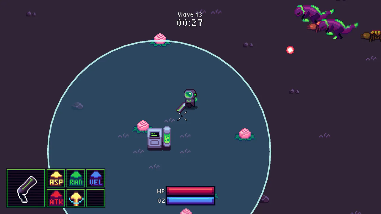O2D top-down action gameplay on an alien planet
