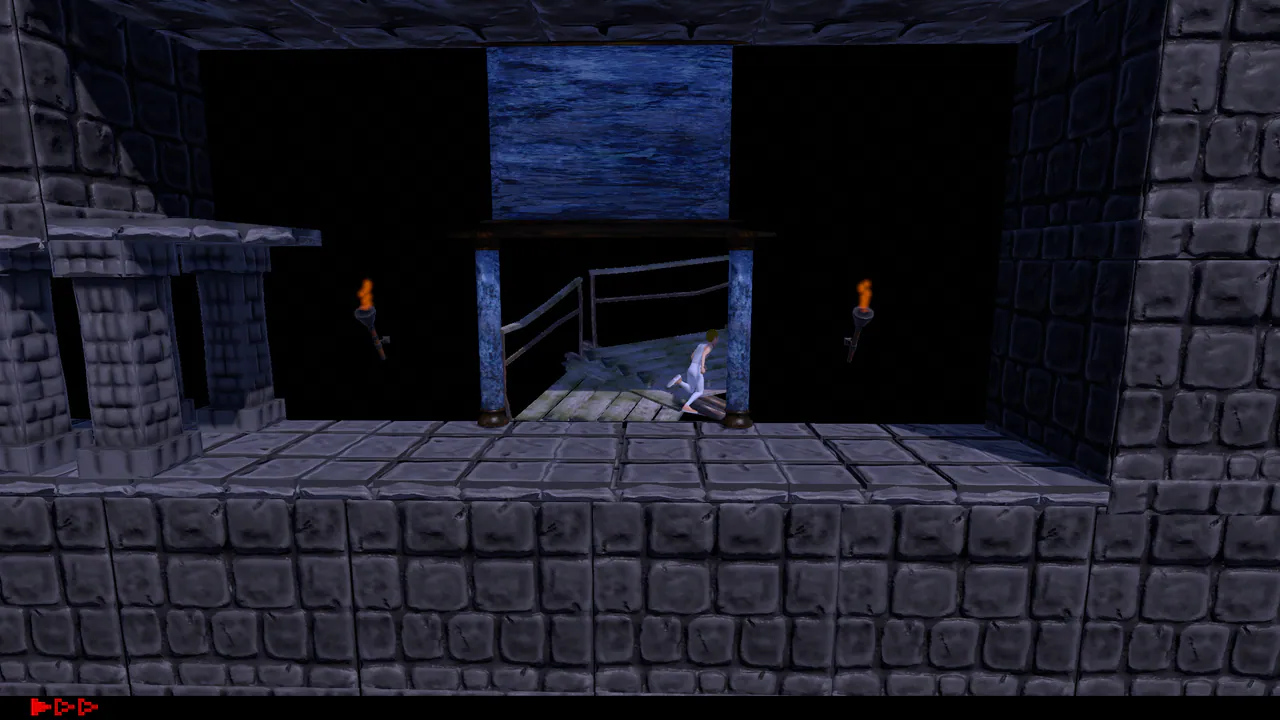 Prince of Persia level replica showing the player crossing a bridge beneath a raised gate